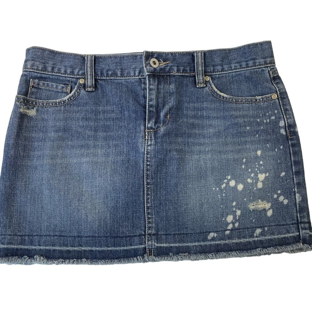 Old Navy Jean Skirt Low Rise Cutoff Med Wash Denim Distressed Y2K Southwestern 4